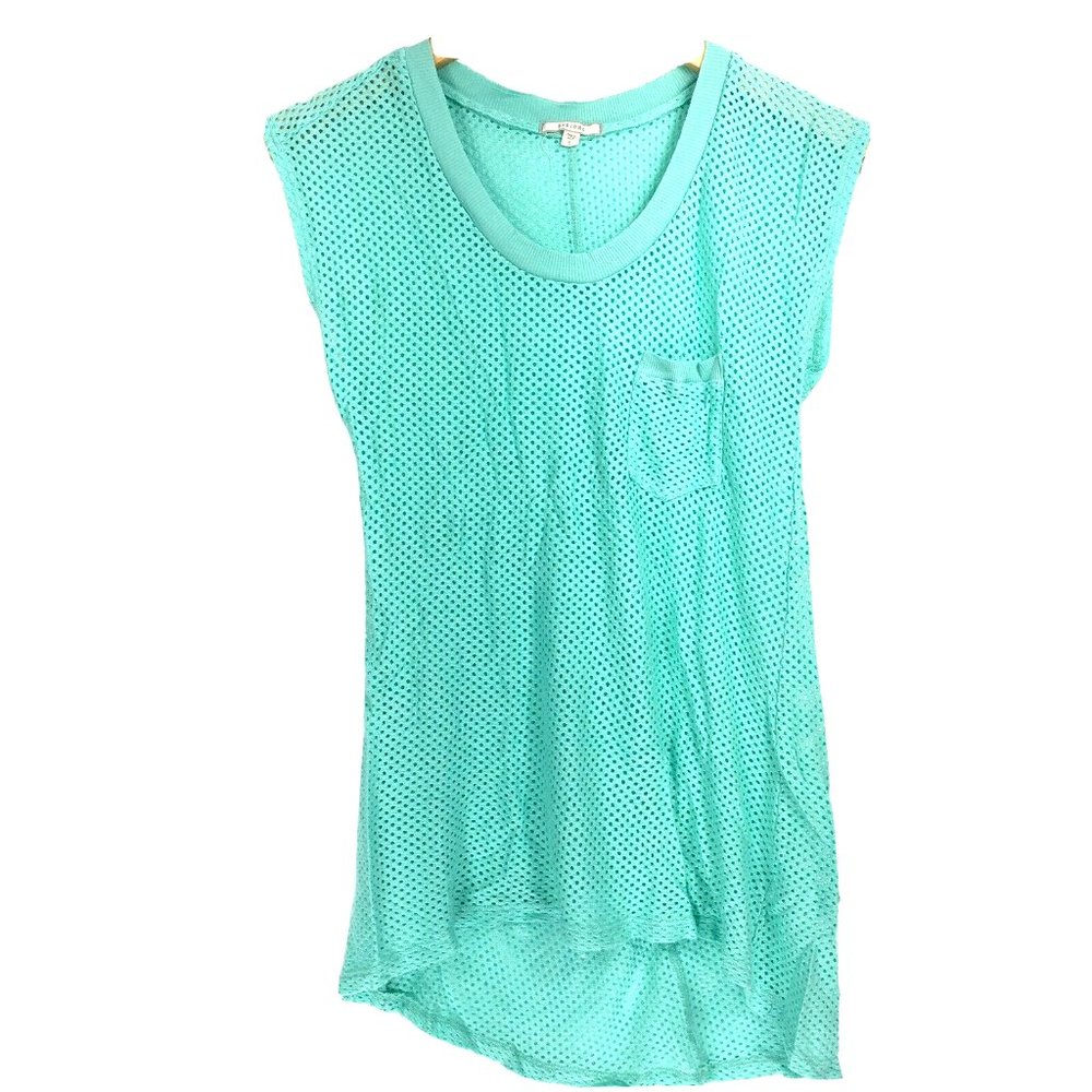 Pleione S Small Blouse Mesh Top Sheer Sleeveless Mint Green Pocket Stretch High